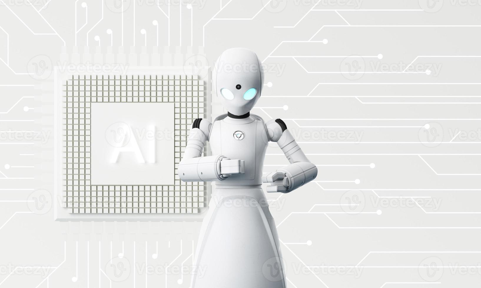 Robot cybernetic organism works with a virtual HUD interface in reality and Ai chip with cogwheel. Humanoid robot with a plastic face presses on the digital screen. Future concept. 3d rendering photo