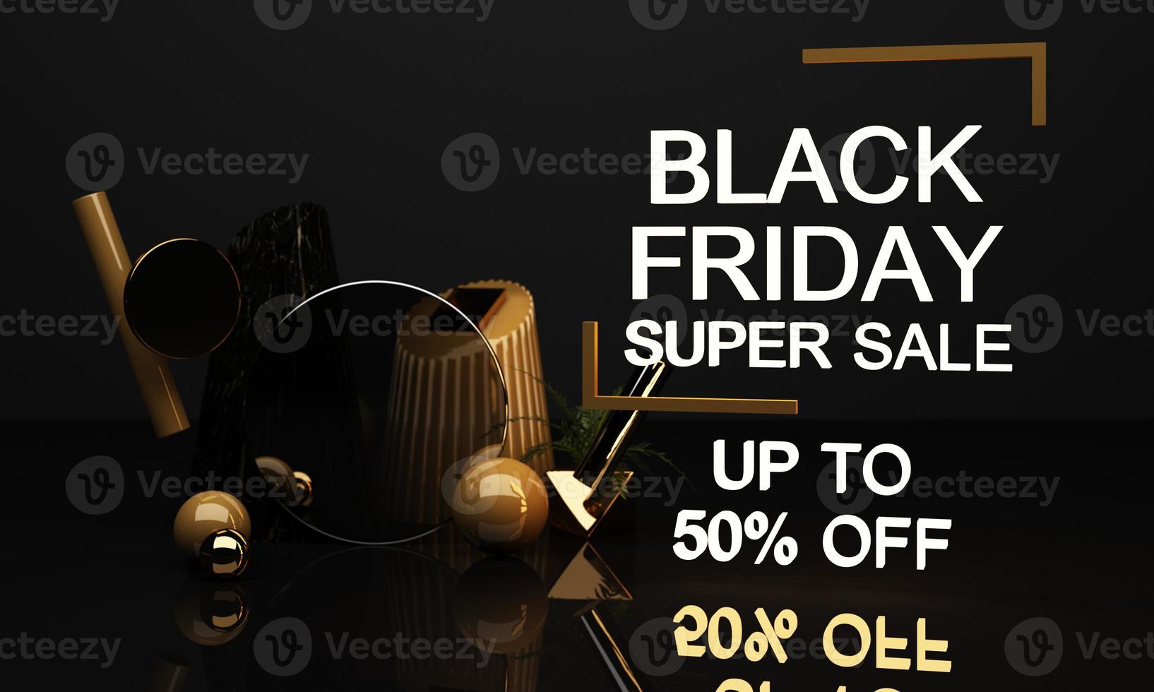 Black Friday Poster or banner with geometric shape in black and yellow neon lighting colour concept 3d rendering photo