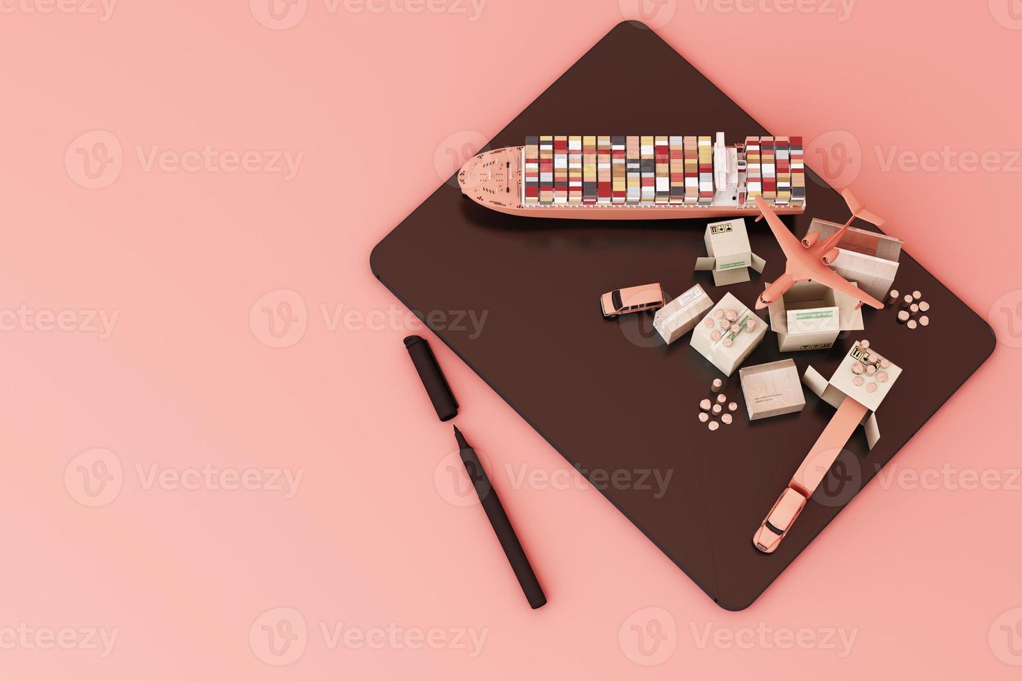 3D rendering of the crate box surrounded by cardboard boxes, a cargo container ship, a flying plan, a car, a van and a truck on white background photo