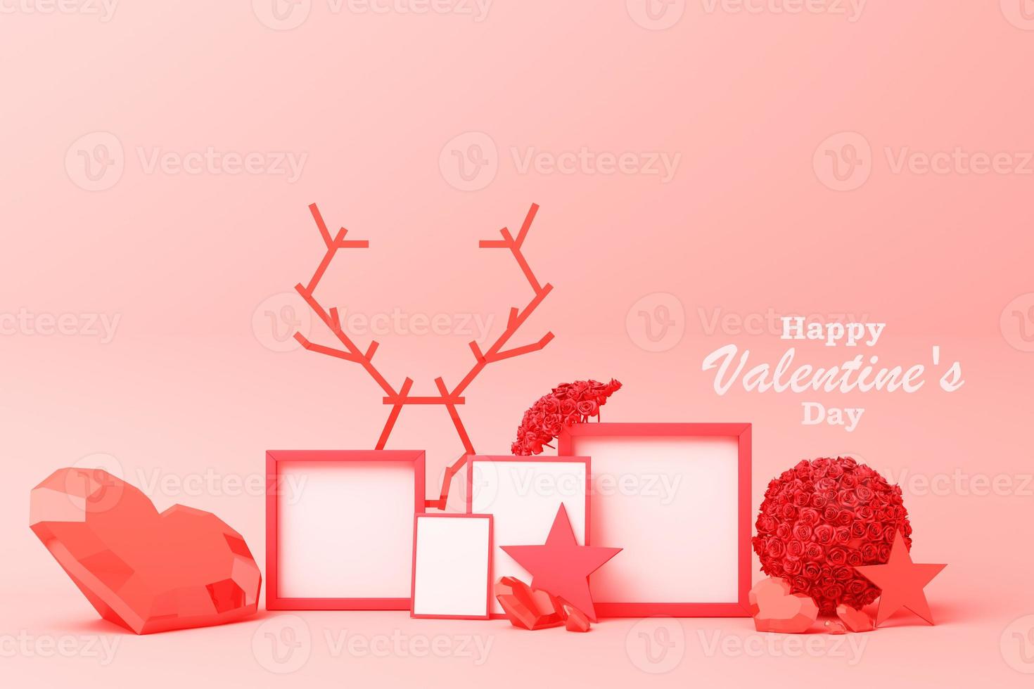 Valentine's day concept background with Balloon dog red and pink hearts star rose with white square frame and love decoration 3d rendering photo