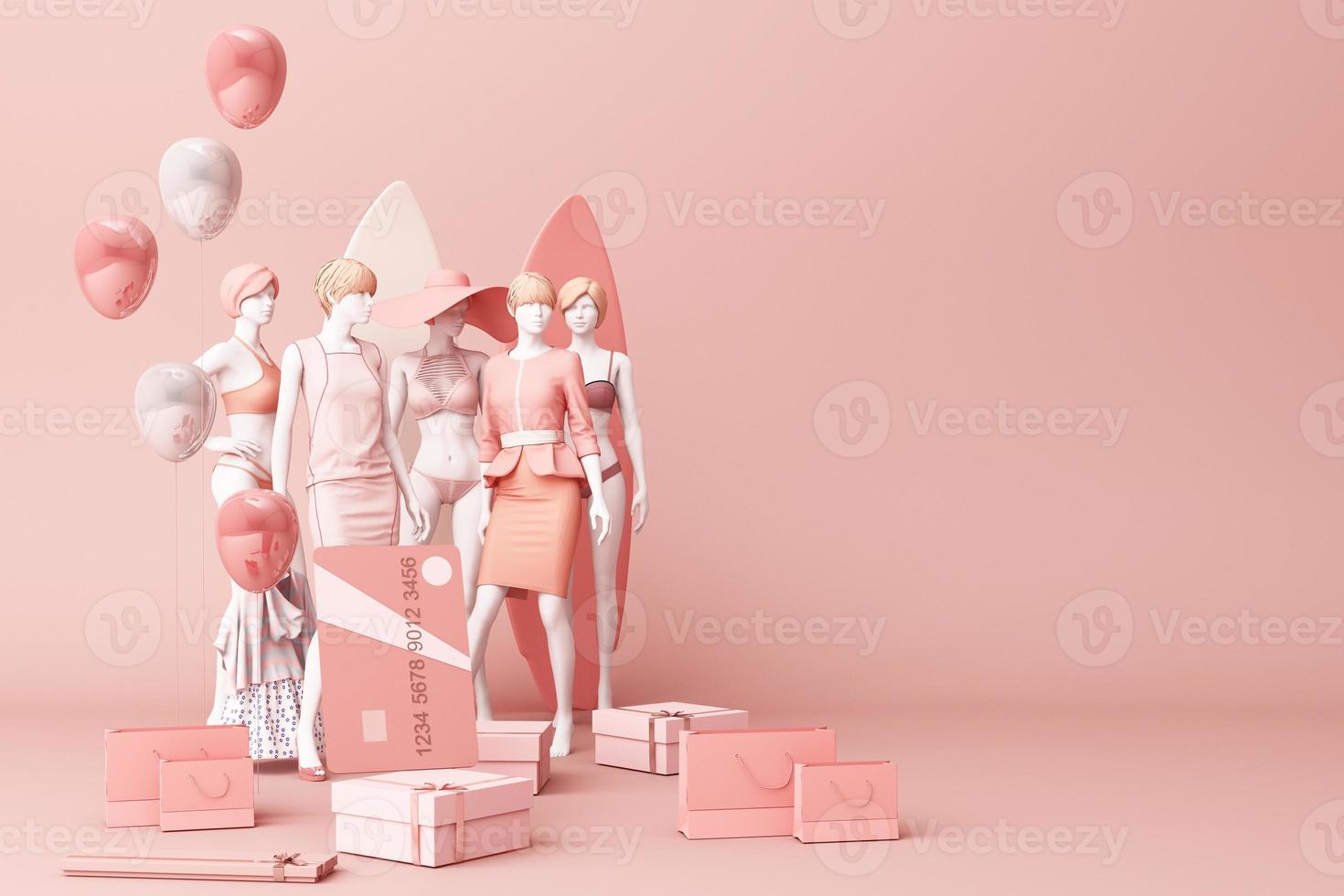 Clothes mannequinson a hanger surrounding by bag and market prop with credit card on the floor. 3d rendering photo