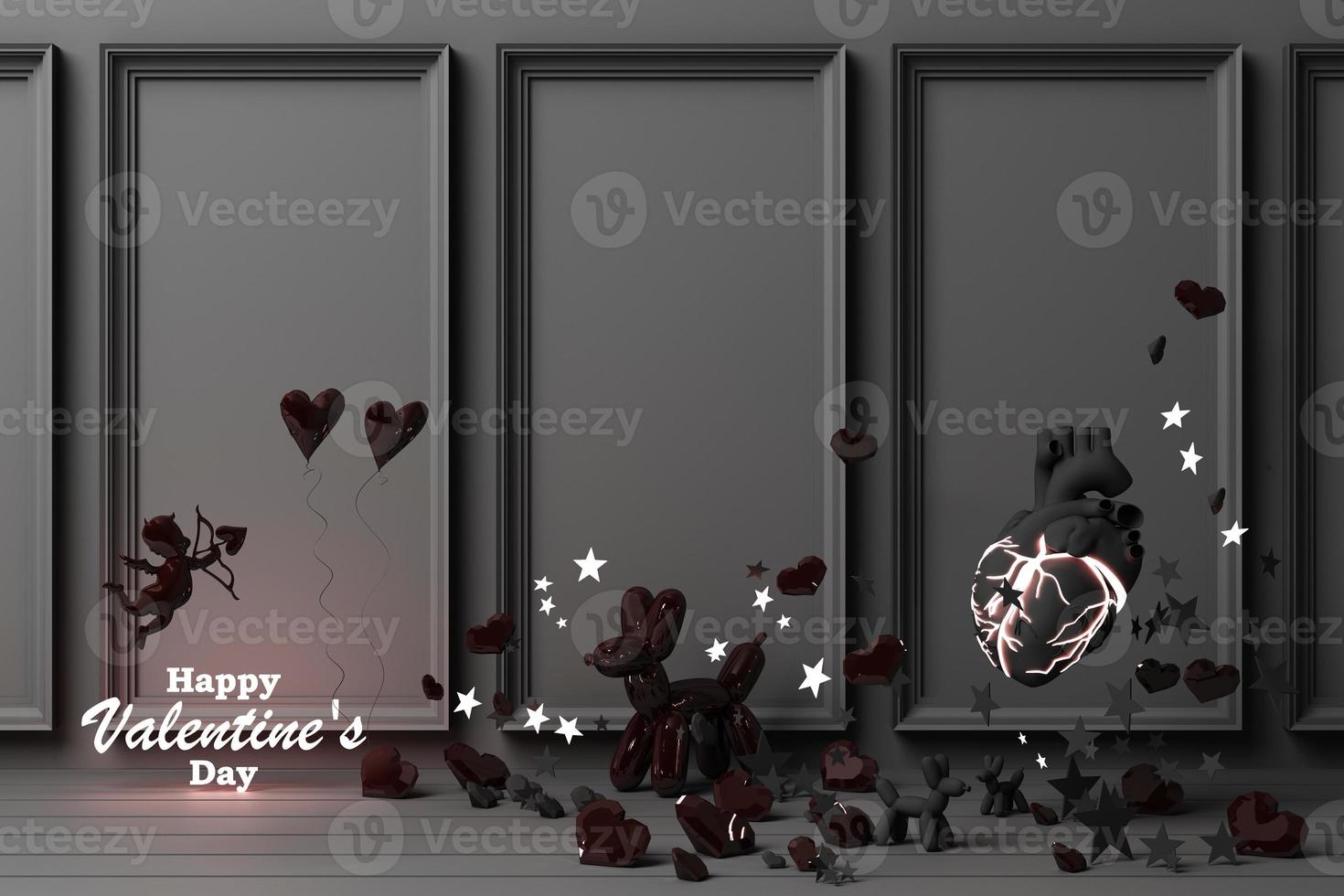 Valentine's day concept background with red and pink hearts star rose with white square frame and love decoration 3d rendering photo