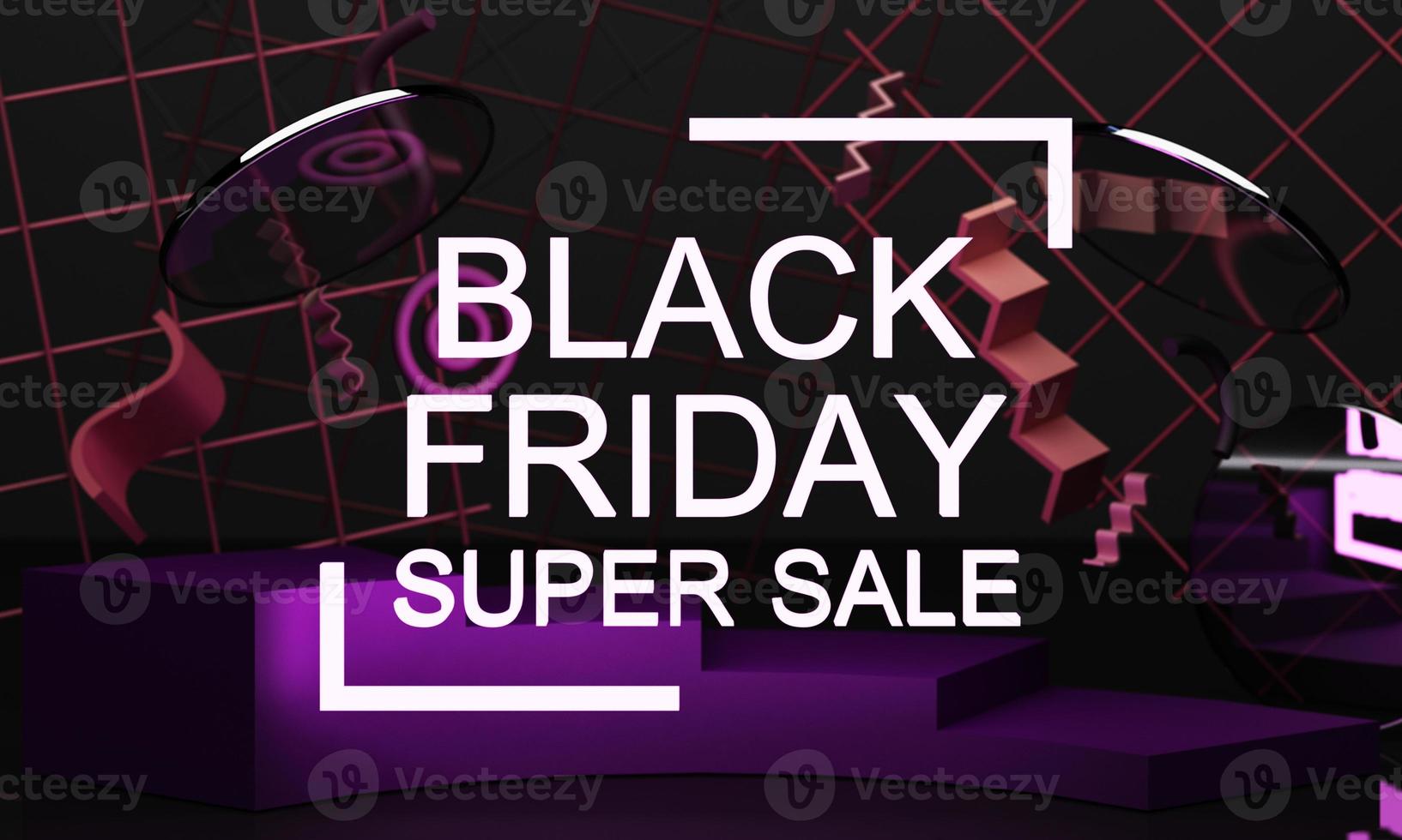 Black Friday Poster or banner with geometric shape in black and yellow neon lighting colour concept 3d rendering photo