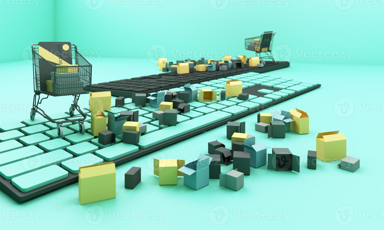 shopping cart on a keyboard with shopping bag and credit card, Ideas about electronic commerce is a transaction of buying or selling goods or services online internet 3d rendering photo