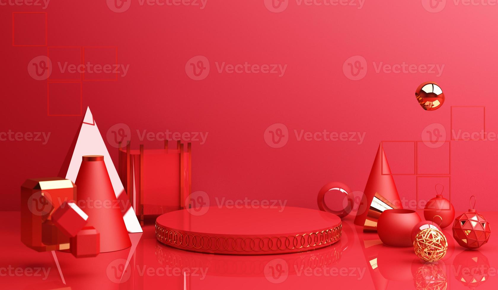 Chinese new year, Golden podium display mockup on red abstract background with geometric shape product minimal presentation, 3d rendering. photo