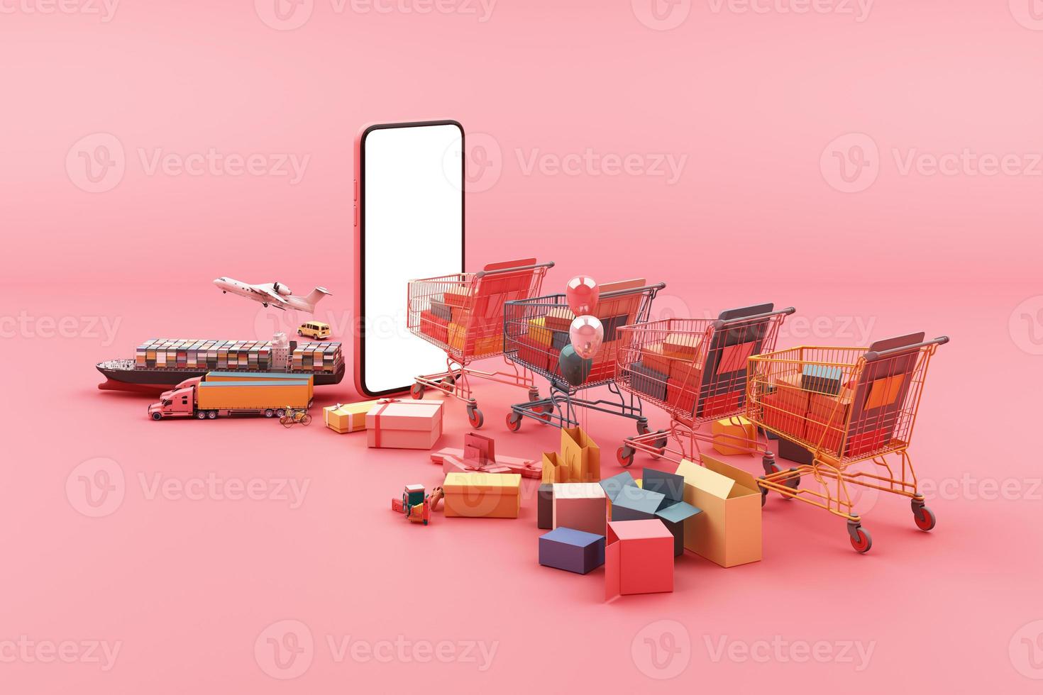 Fast delivery by scooter and van and plane on mobile E-commerce concept Online order with shopping cart and many box on pink background 3d rendering photo