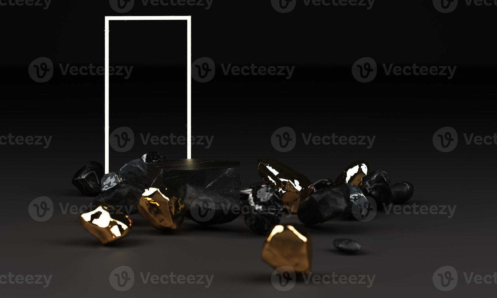 3d rendering of black marble pedestal isolated on black background, round gold freeform rock, abstract minimal concept, blank space, clean design, luxury minimalist mockup, lighting frame growing photo