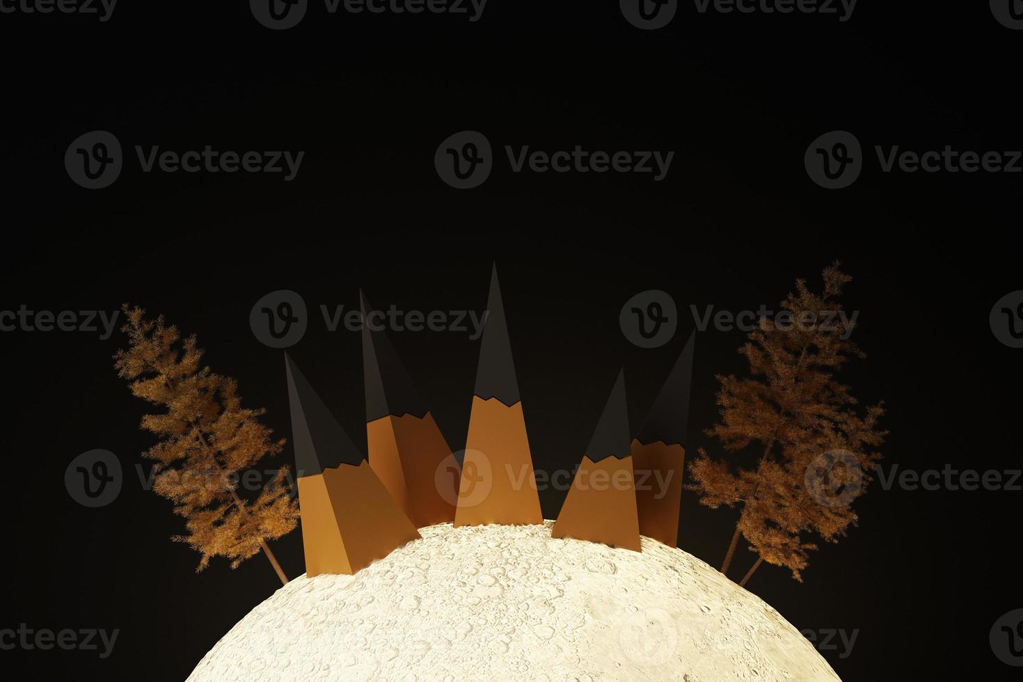 Scary house on the hill trees and full moon. concept of Halloween orange tone background. 3d rendering photo