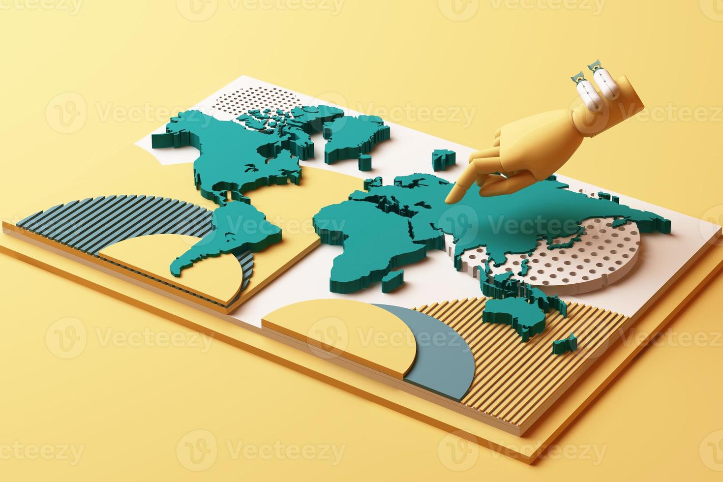 World map with human's hand concept abstract composition of geometric shapes platforms in black tone. 3d rendering photo