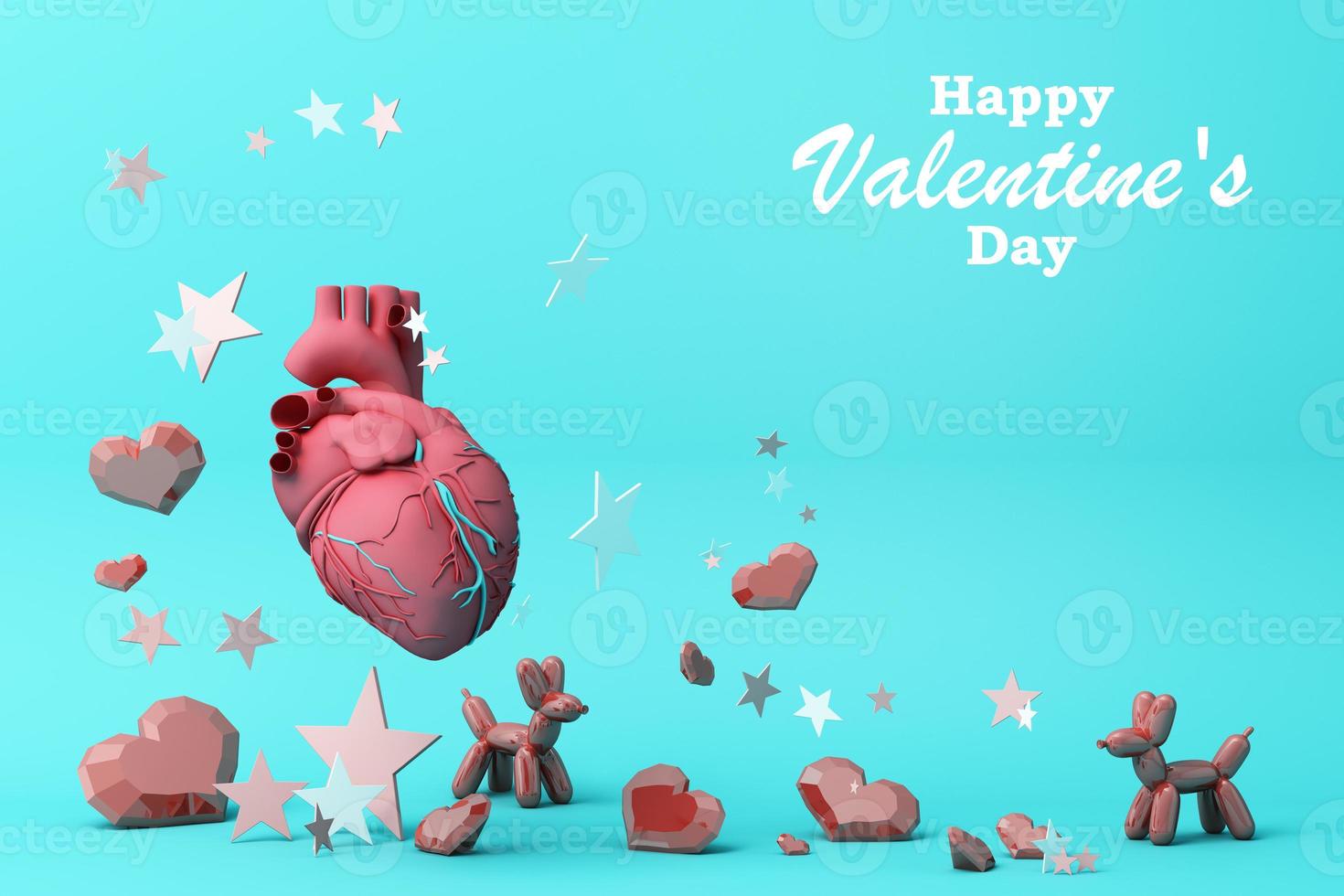 Valentine's day concept background with Balloon dog red and pink hearts star rose with white square frame and love decoration 3d rendering photo