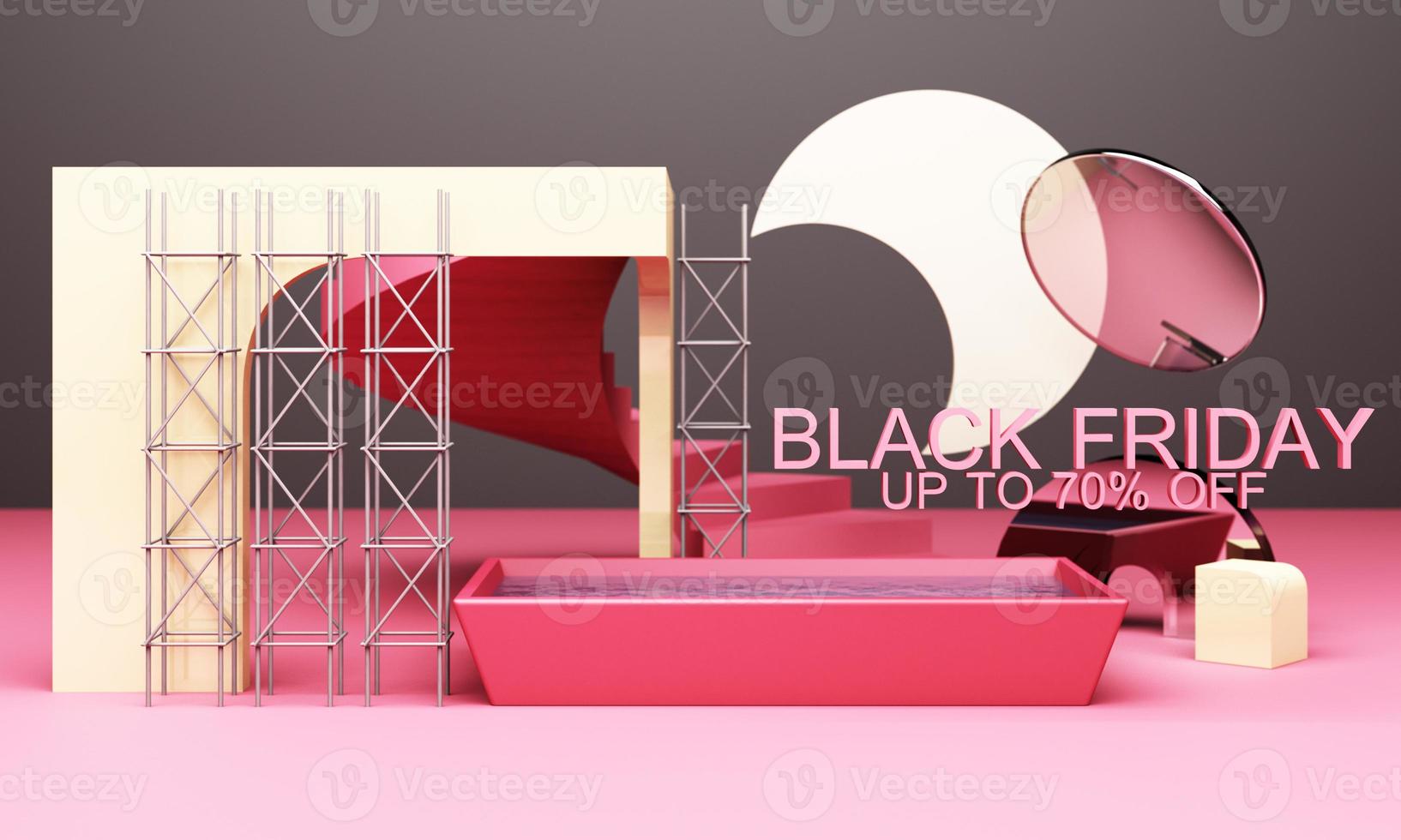 Black Friday Poster or banner with geometric shape in black and yellow neon lighting colour concept 3d rendering photo