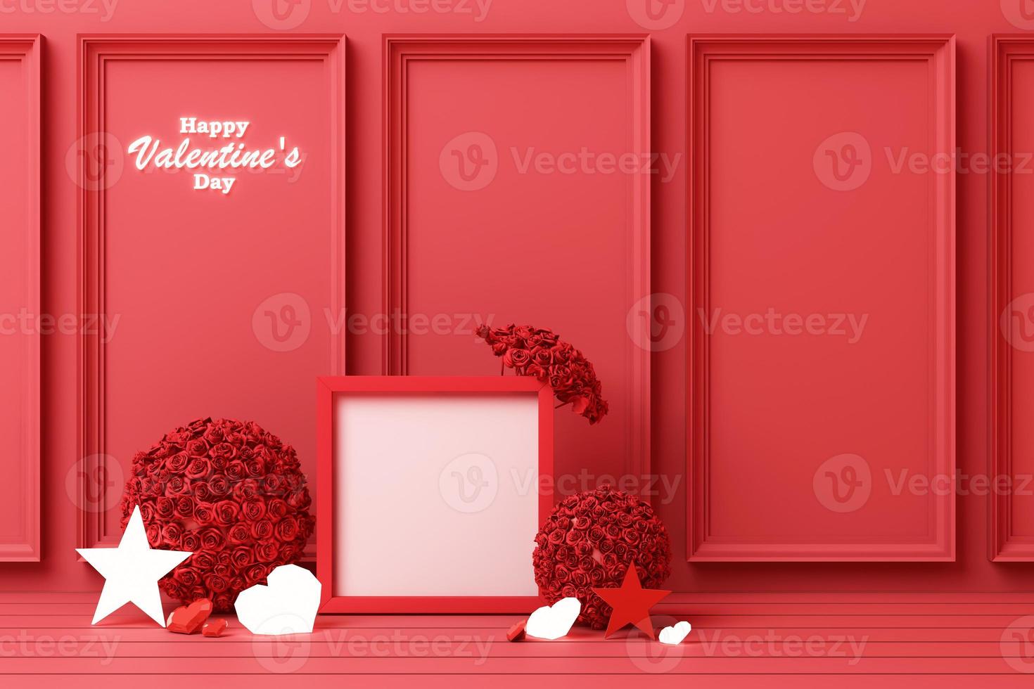 Valentine's day concept background with red and pink hearts star rose with white square frame and love decoration 3d rendering photo
