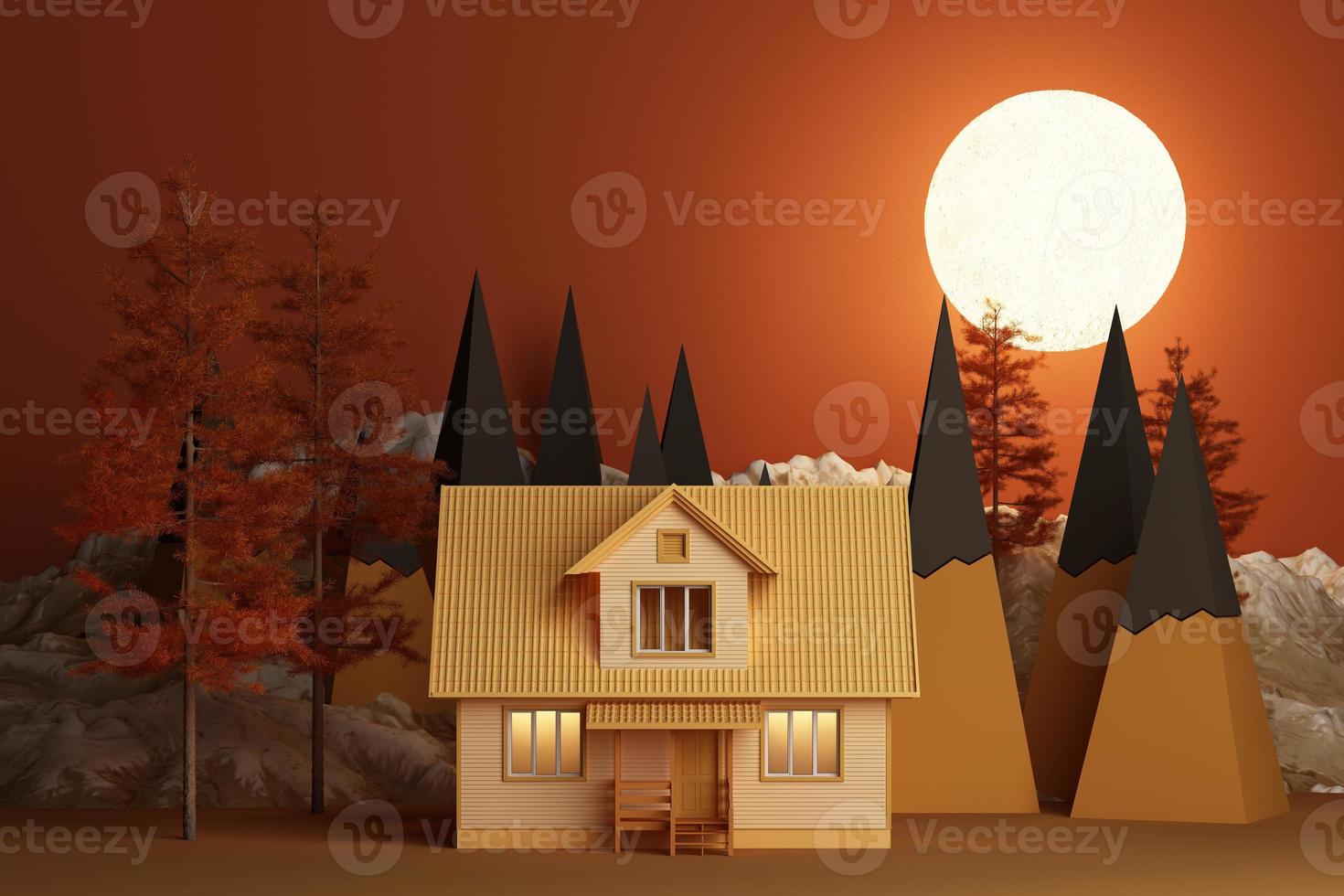 Scary house on the hill trees and full moon. concept of Halloween orange tone background. 3d rendering photo