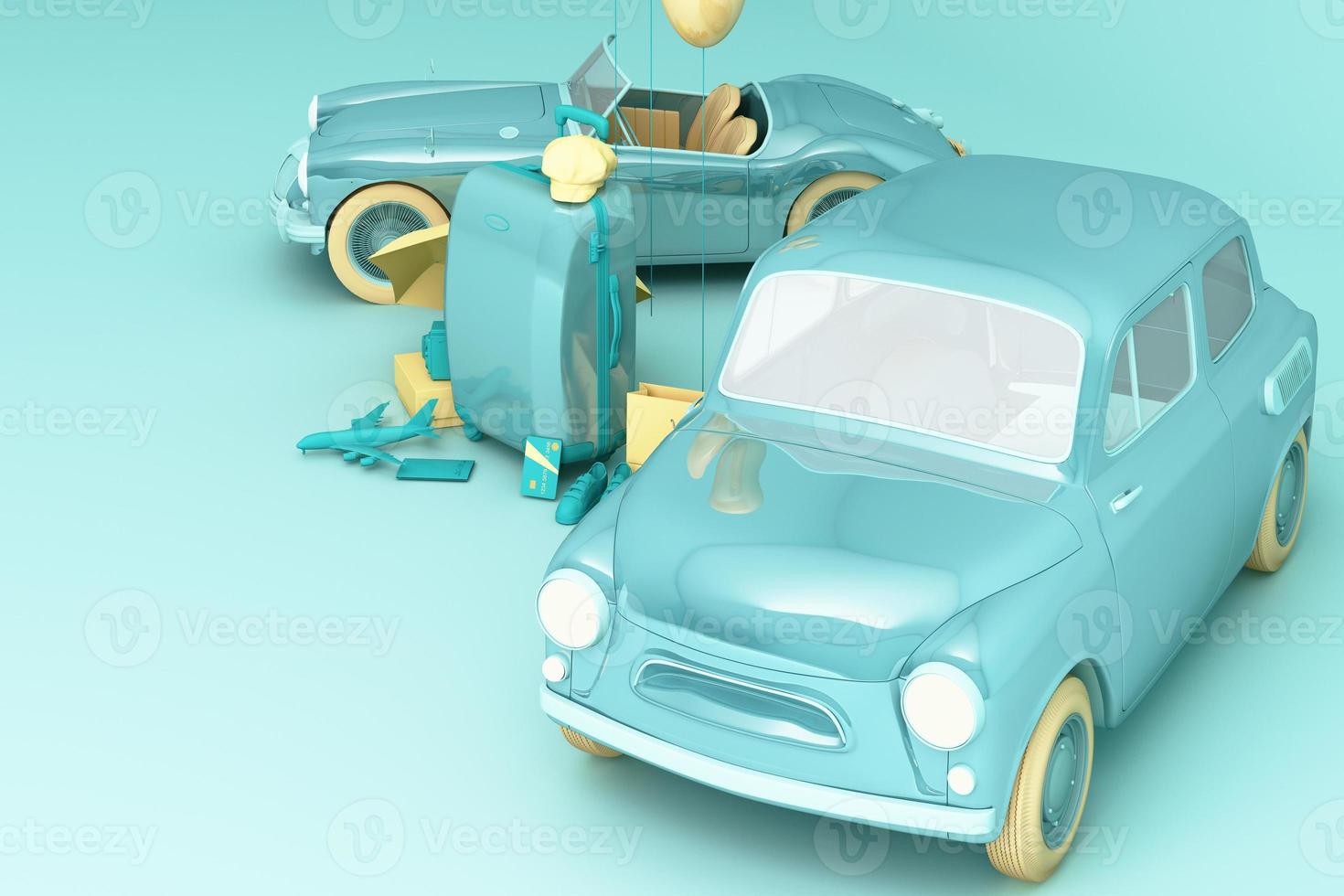 Concept retro car with luggage surrounded by travel equipment in green color tone. 3d rendering photo