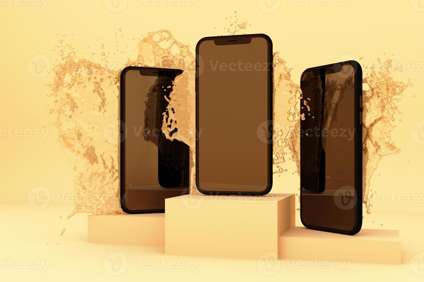 3D rendered image of smartphone splashing by water on white background. photo