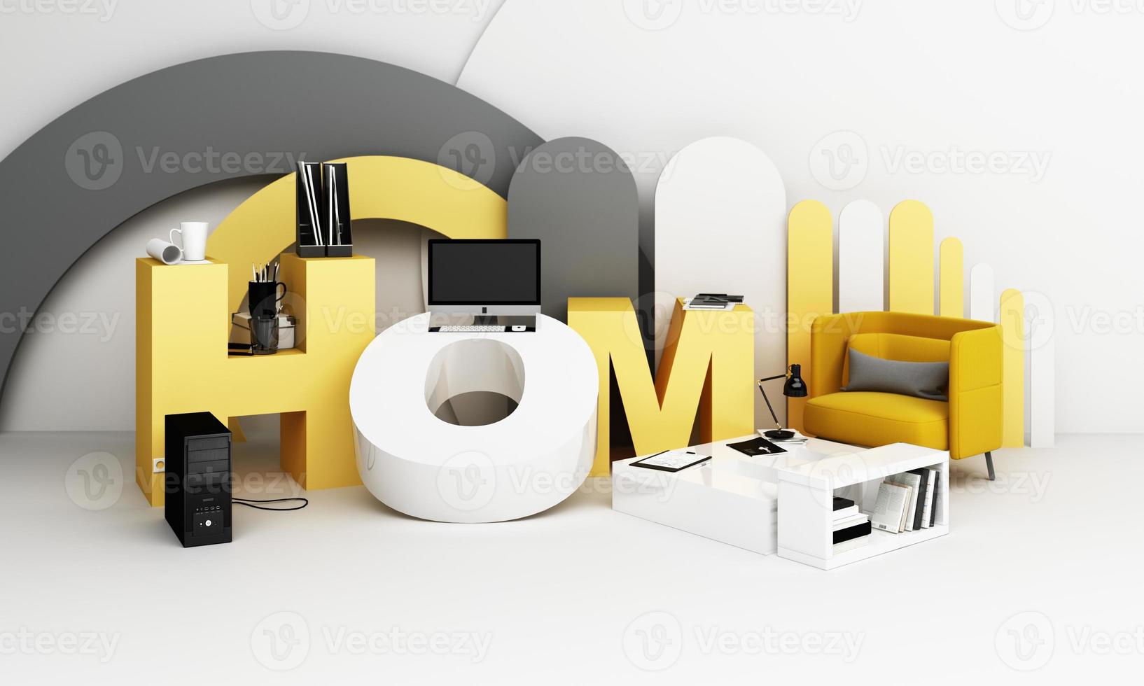 Information search bar Surrounded by electronics, watches, computers and phones with magnifying glass. On a geometric background In yellow and gray tones 3d render photo