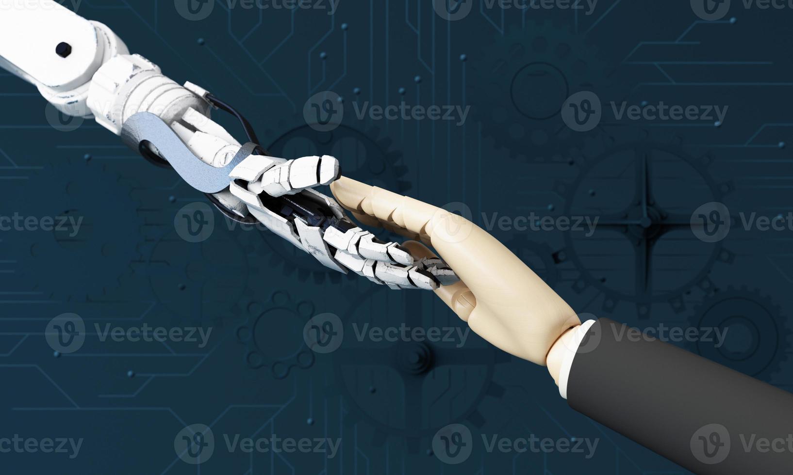 Robot hand making contact with human hand. on a background full of technology circuit boards. 3d rendering photo