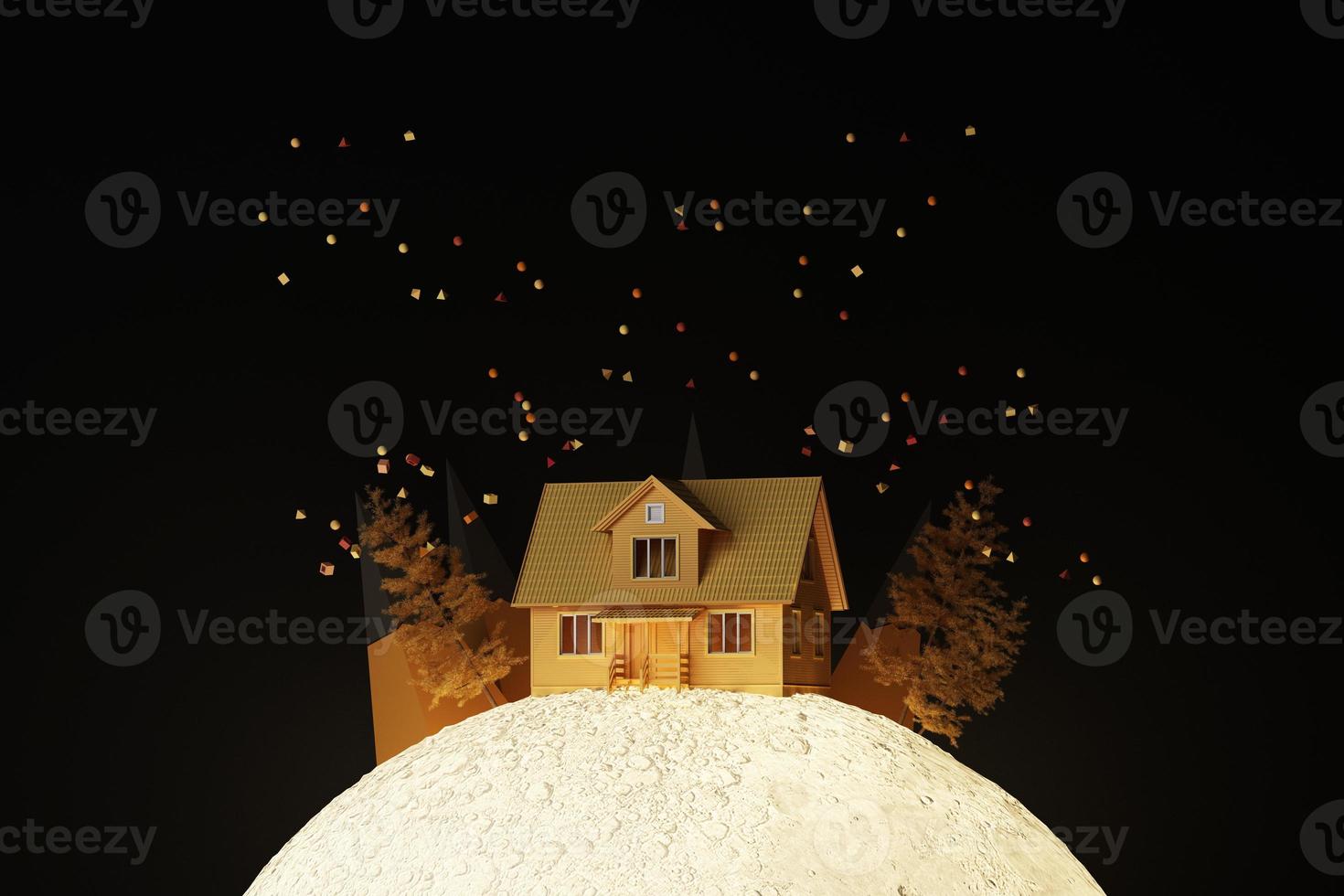 Scary house on the hill trees and full moon. concept of Halloween orange tone background. 3d rendering photo