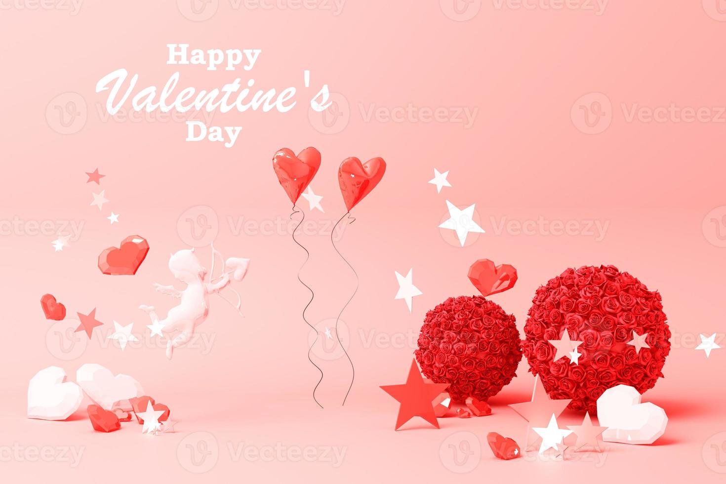 Valentine's day concept background with Balloon dog red and pink hearts star rose with white square frame and love decoration 3d rendering photo