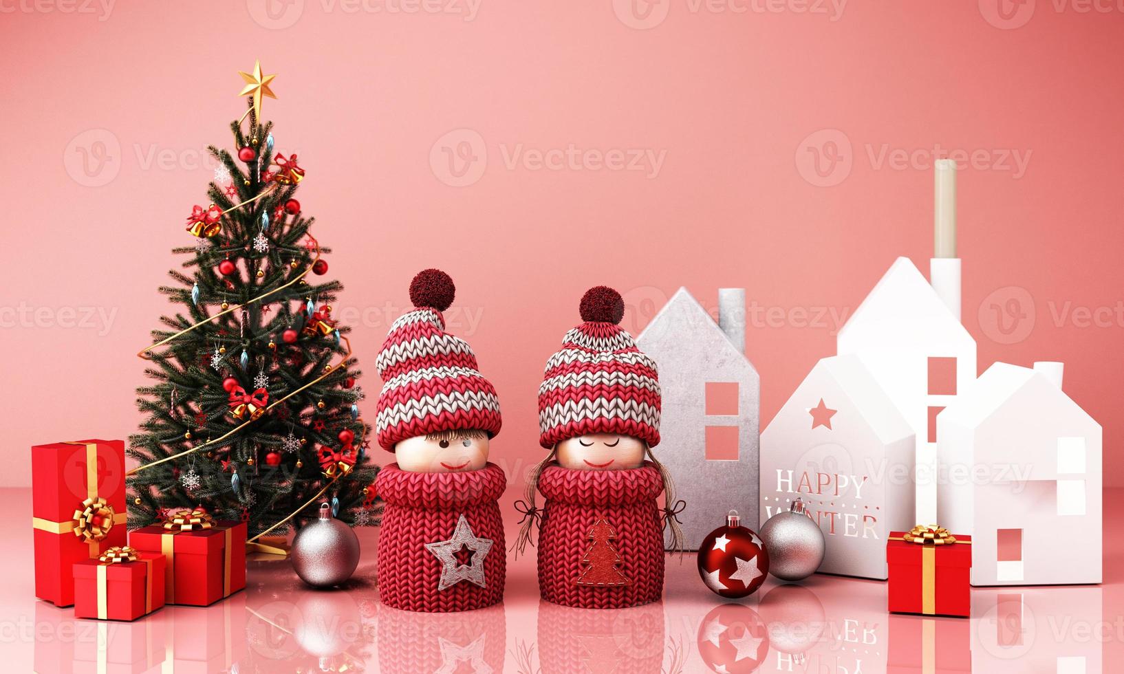 christmas greeting card template with Christmas tree and candy giftbox surounding by geometric shape gold and black texture 3d rendering photo