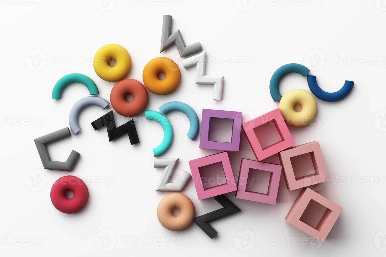 Set of colorful red,purple,pink,grey realistic geometric shape with fabric texture on white background. 3d rendering photo