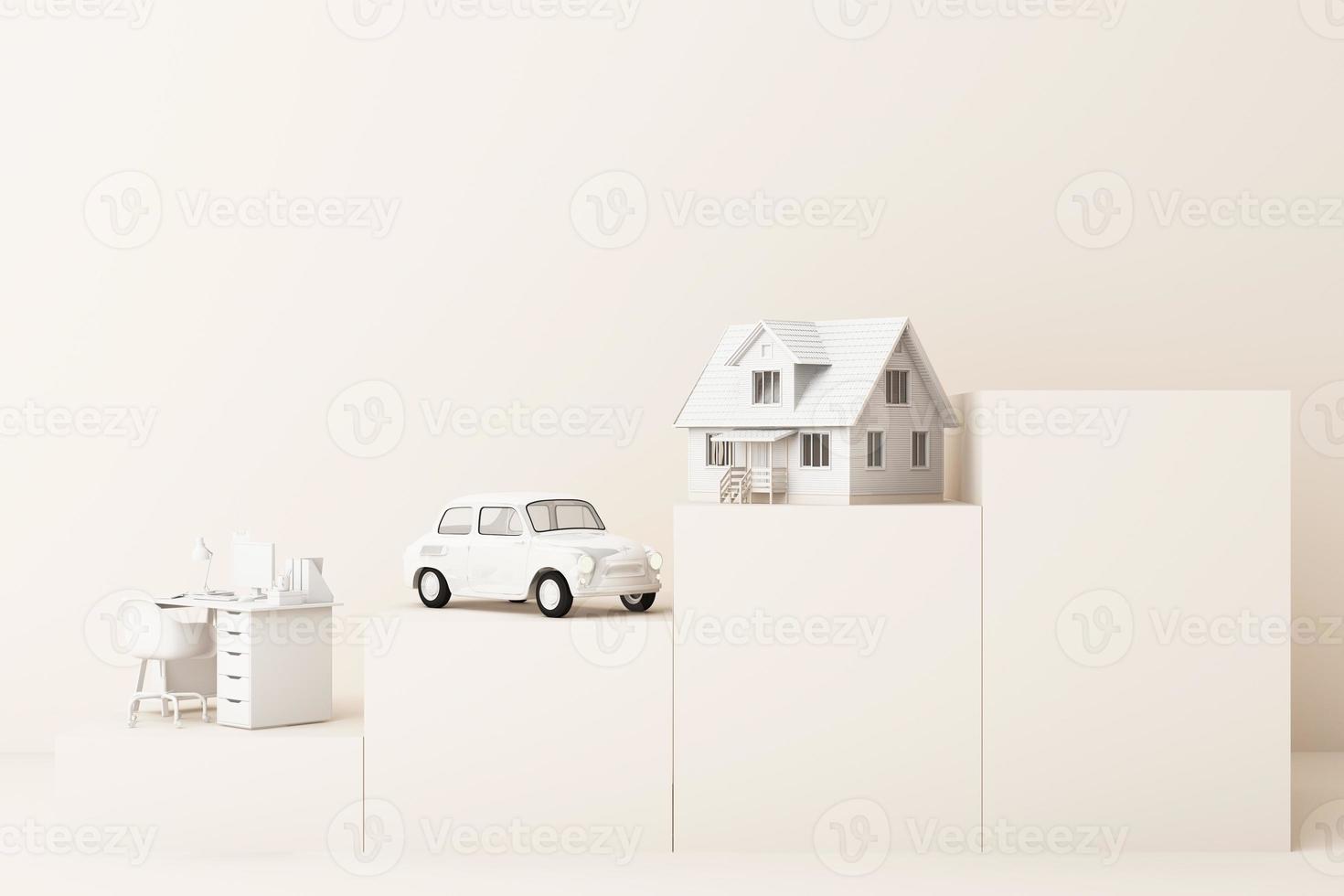 Thinking about home, car and work with another empty space on the yellow pedestal, the concept of life 3D rendering photo