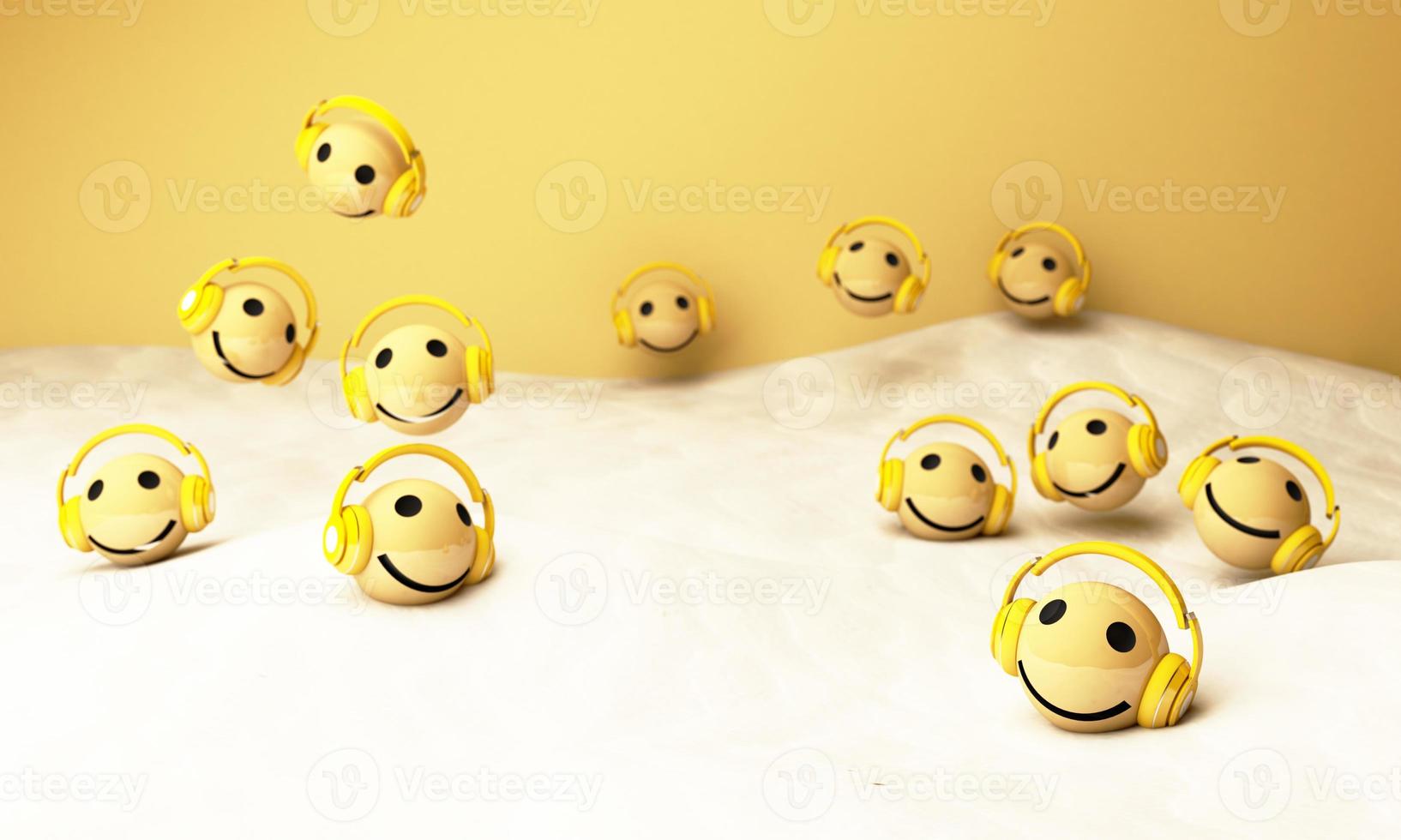 High quality emoticon isolated on yellow background.Emoticon with headphones.Yellow face with headphones. 3d rendering photo