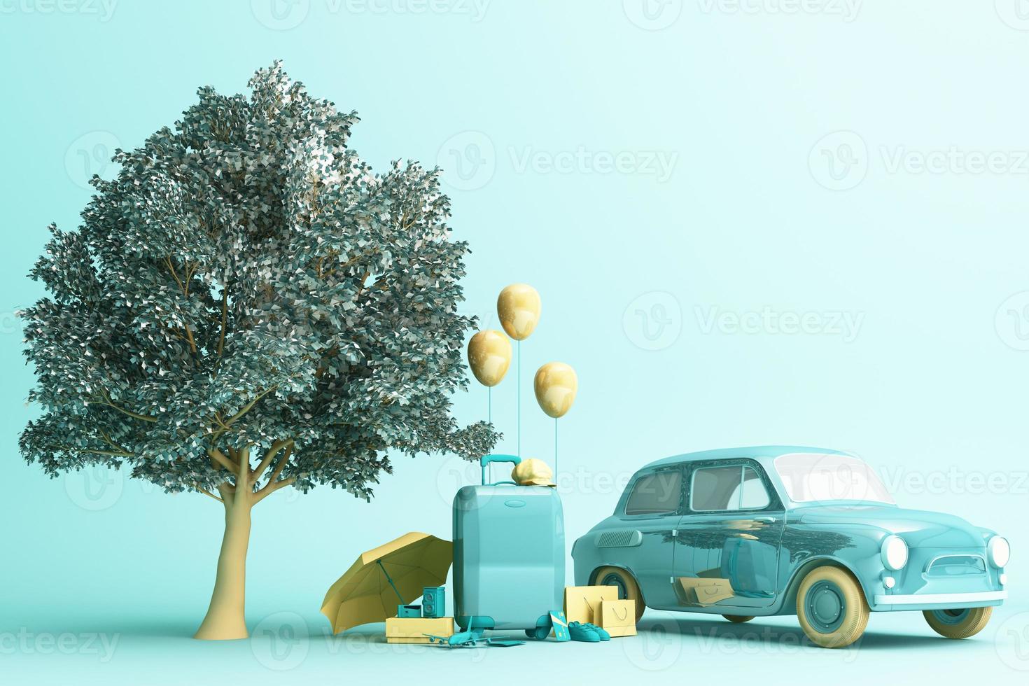 Concept retro car with luggage surrounded by travel equipment in green color tone. 3d rendering photo