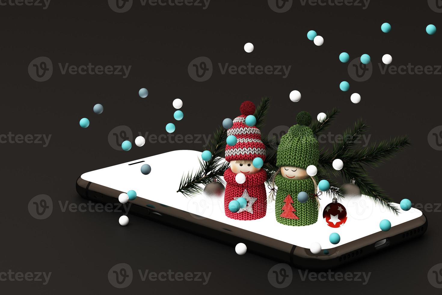 mobile phone with Christmas decorations. Christmas tree and gifts beside on black background. 3d rendering photo