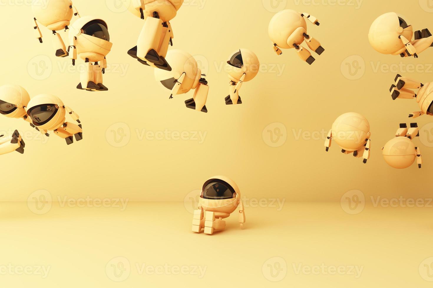 The cute wthie robot is sitting surrounded by geometric objects on green background. 3d rendering photo