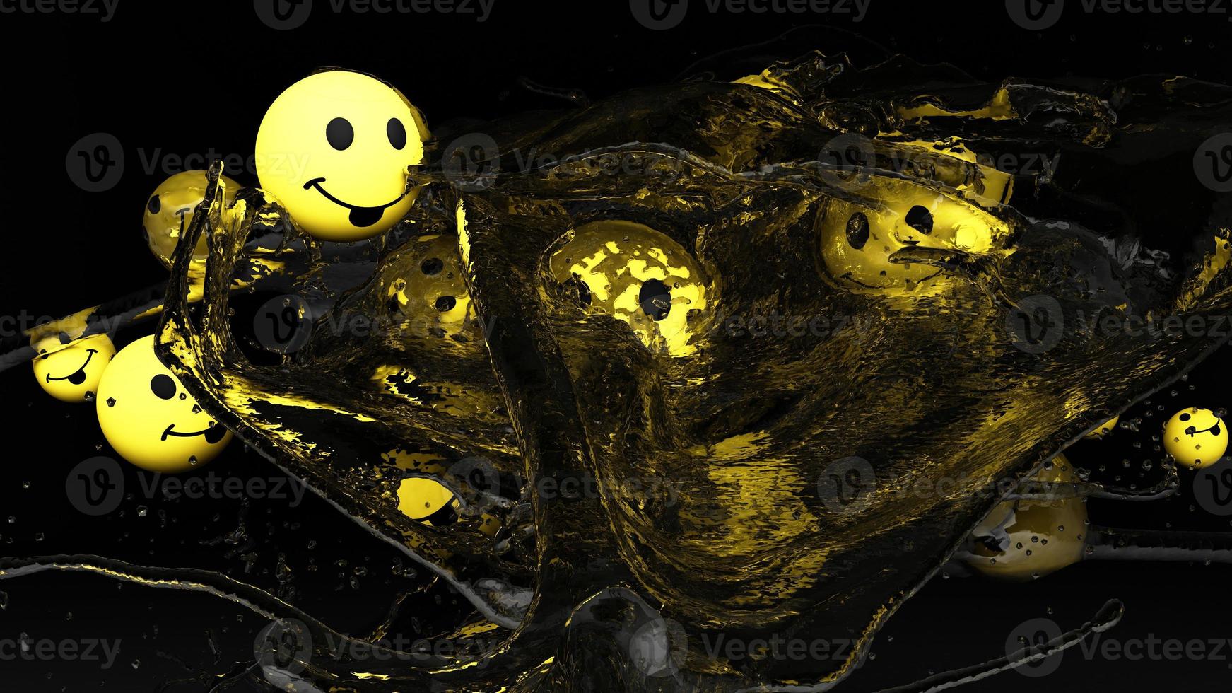 Emojis icons with facial expressions smile yellow face ball with water splash. Social media concept. Yellow background 3d rendering photo