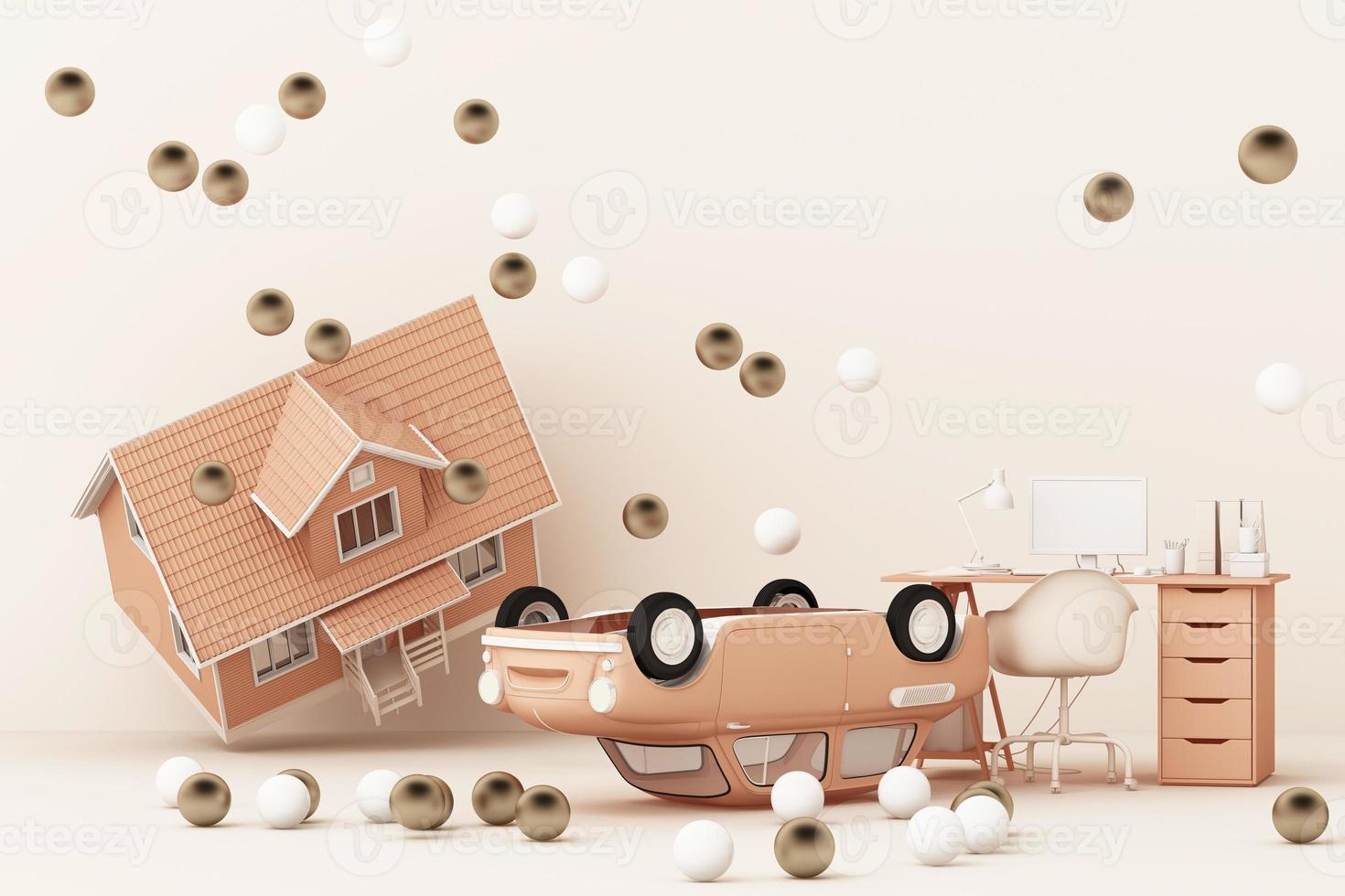 Thinking about home, car and work surrounding by many gold and white ball. 3d rendering photo