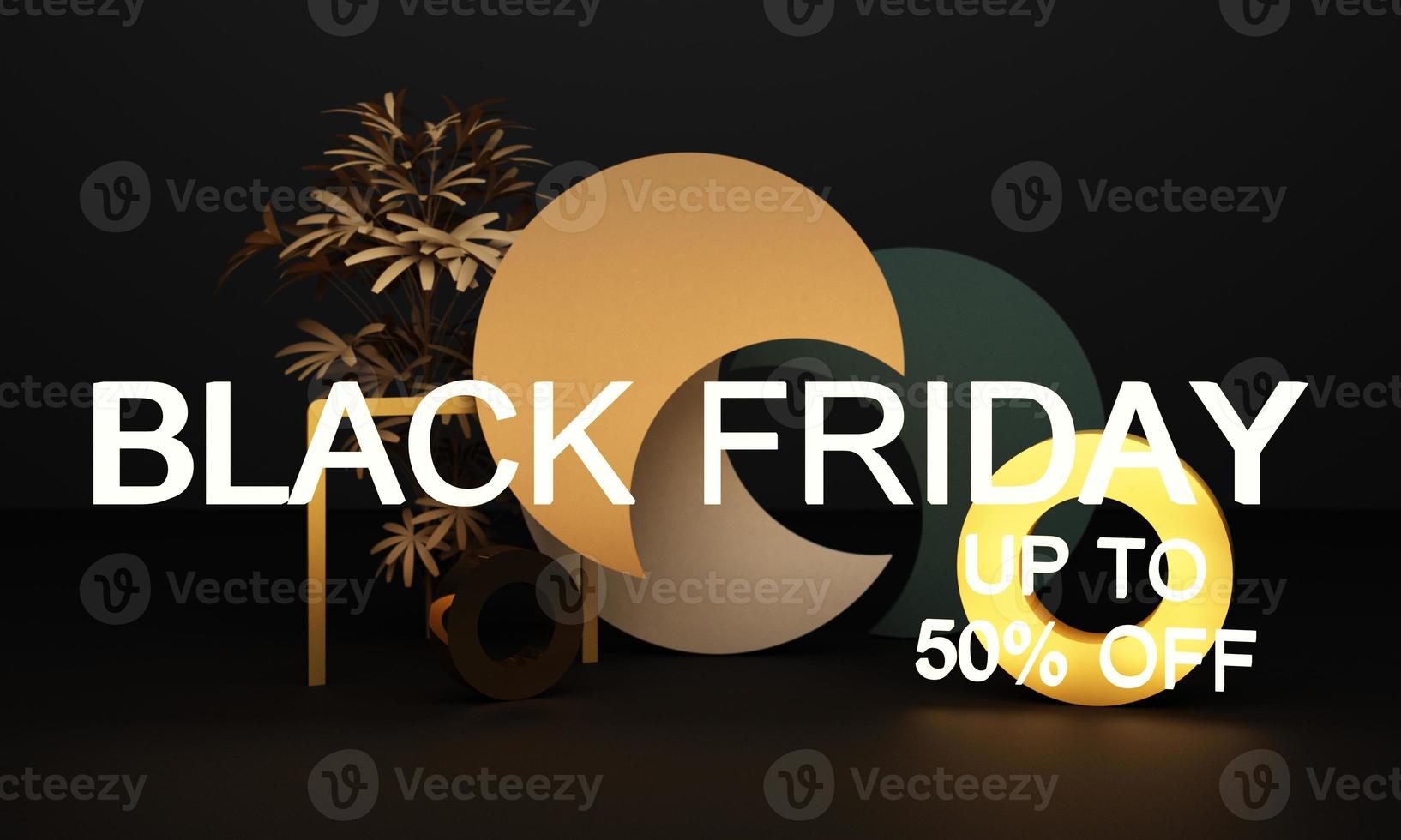 Black Friday Poster or banner with geometric shape in black and yellow neon lighting colour concept 3d rendering photo