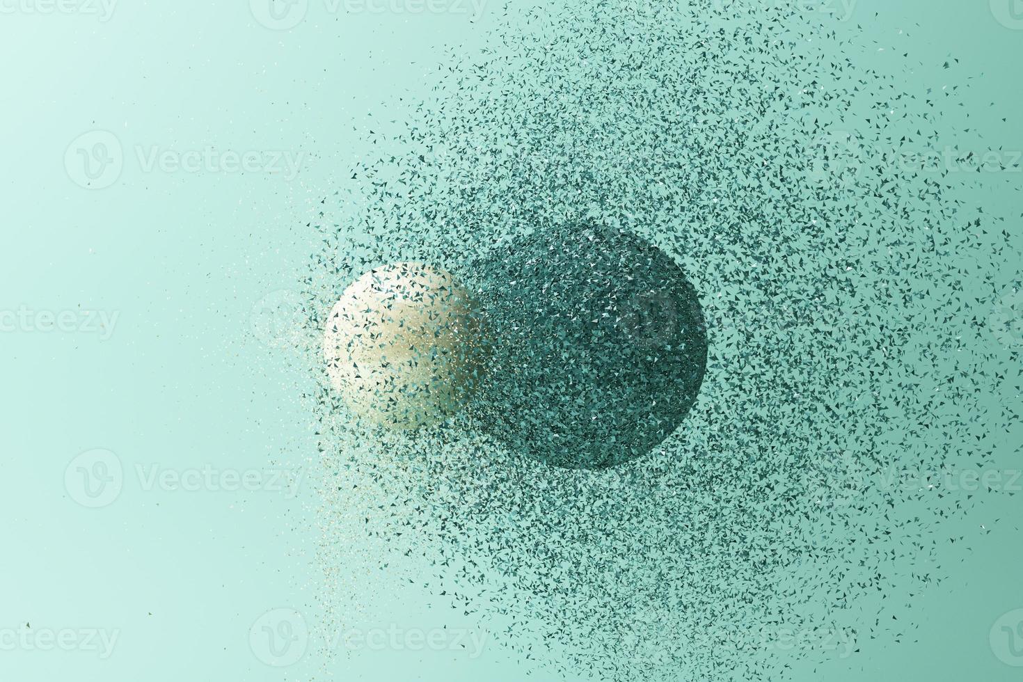 Two balls clashing together resulting in smashed breakup on white background. 3d rendering photo