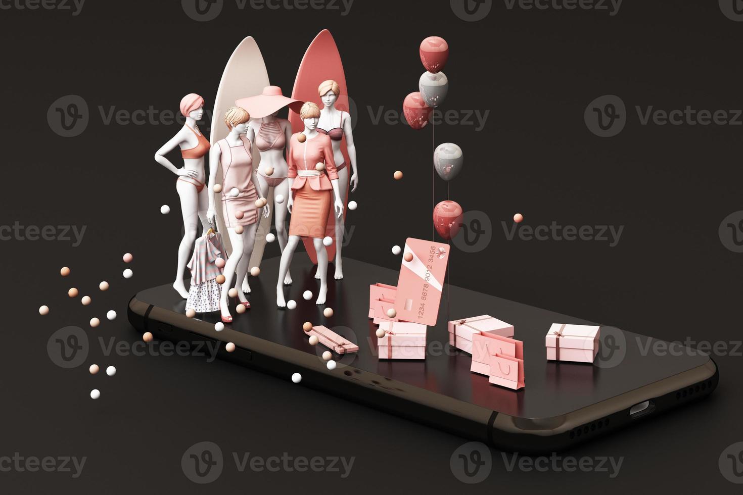 Mannequin on smart phone surrounded by shopping bag and the gift box with credit card on the black backdrop.-3d rendering photo