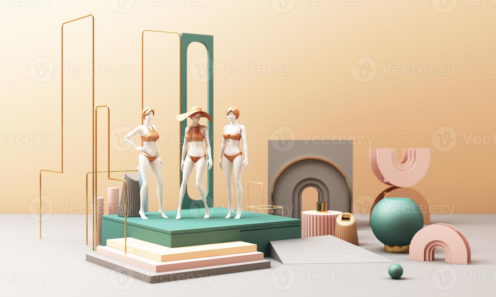 3d rendered illustration with geometric shapes. Pastel colors platforms for product presentation. Abstract composition in modern style. Minimalist design with empty space. photo