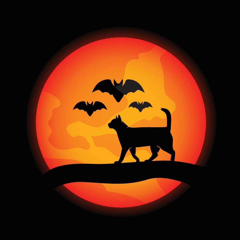 feliz plantilla de hallowen, gato negro y silueta de murciélago en luna naranja vector