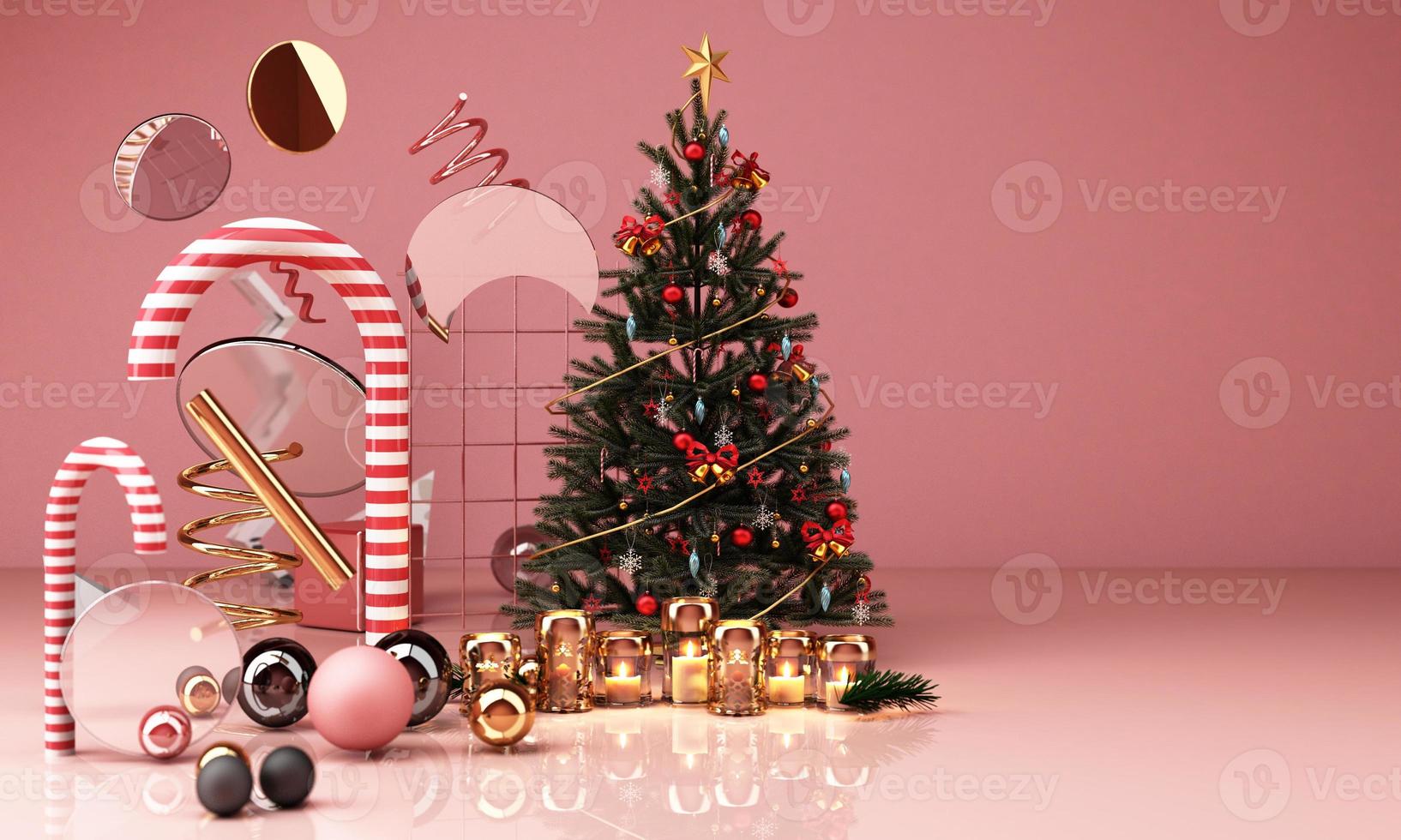 christmas greeting card template with Christmas tree and candy giftbox surounding by geometric shape gold and black texture 3d rendering photo