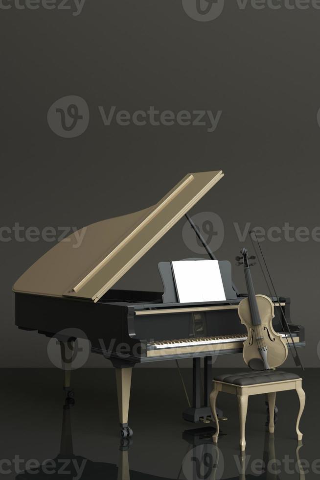 Grand piano with a violin on pink pastel color background. 3d rendering photo