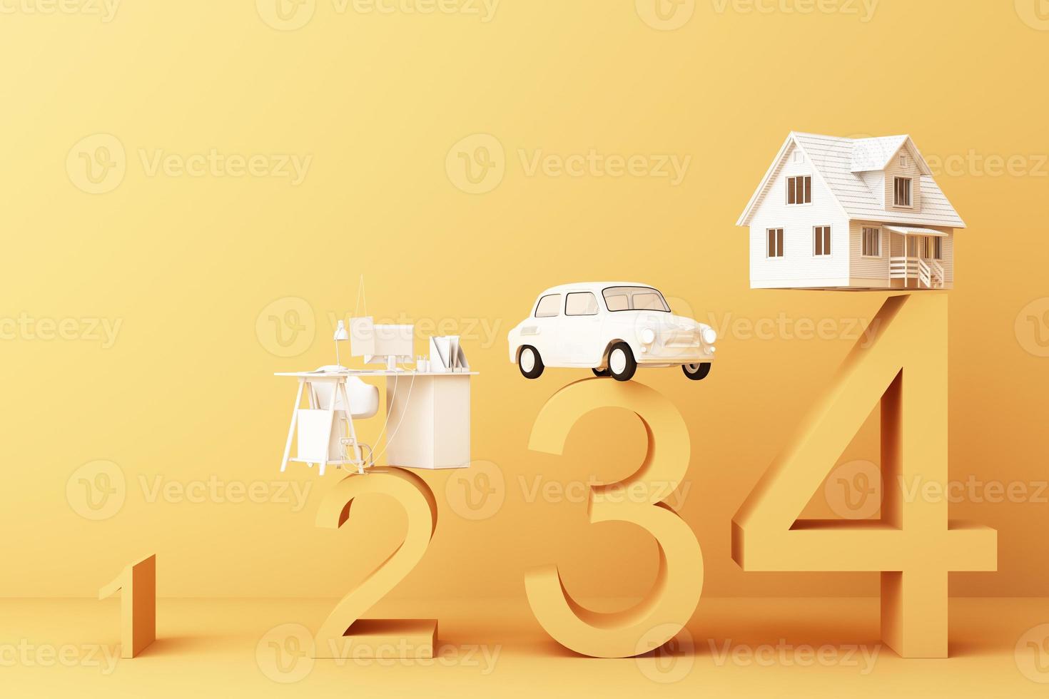 Thinking about home, car and work with another empty space on the yellow pedestal, the concept of life 3D rendering photo