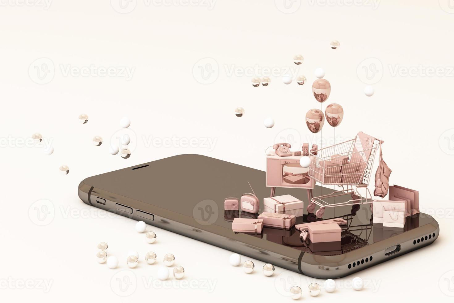 shopping online smart phone with giftbox, cart, credit card, shopping bag, in pink color tone on black background. 3d rendering photo