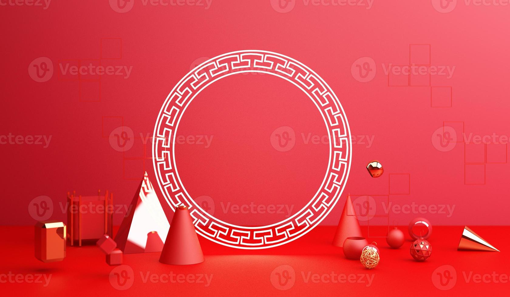 Chinese new year, Golden podium display mockup on red abstract background with geometric shape product minimal presentation, 3d rendering. photo