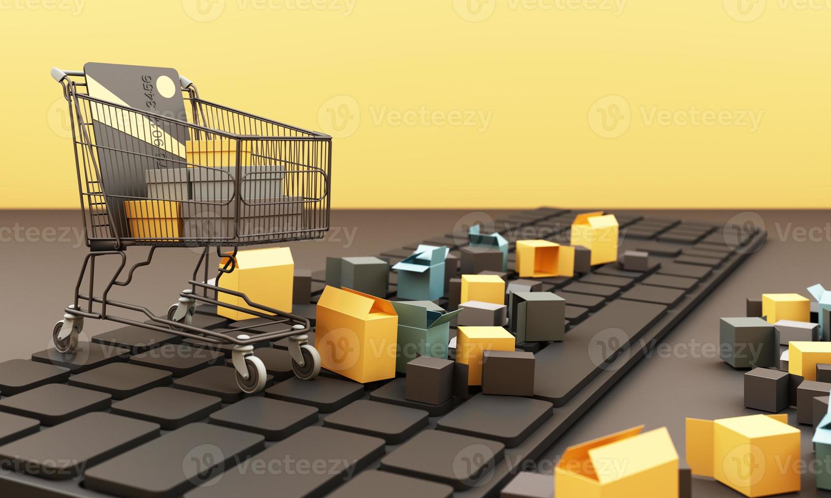 shopping cart on a keyboard with shopping bag and credit card, Ideas about electronic commerce is a transaction of buying or selling goods or services online internet 3d rendering photo