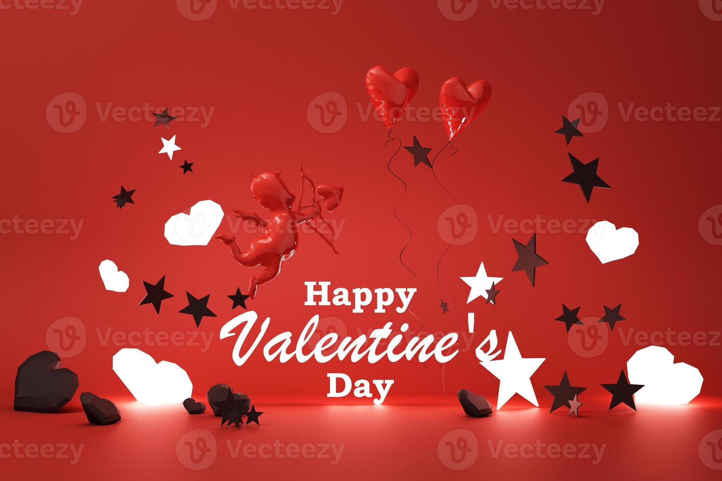 Valentine's day concept background with Balloon dog red and pink hearts star rose with white square frame and love decoration 3d rendering photo