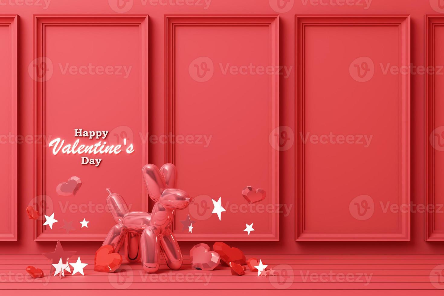 Valentine's day concept background with red and pink hearts star rose with white square frame and love decoration 3d rendering photo