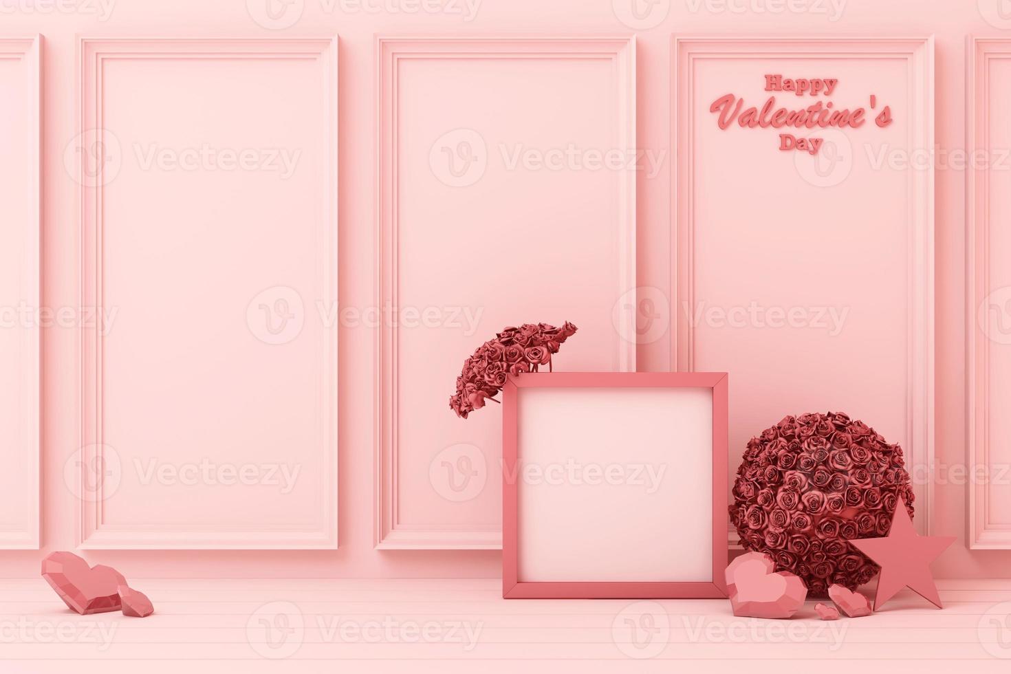 Valentine's day concept background with red and pink hearts star rose with white square frame and love decoration 3d rendering photo