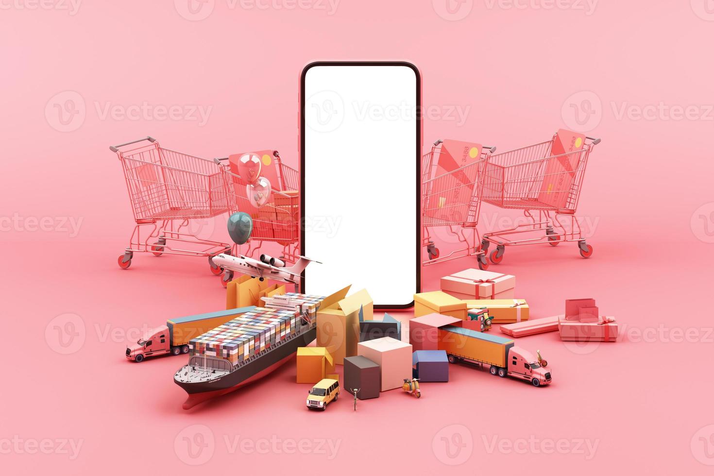 Fast delivery by scooter and van and plane on mobile E-commerce concept Online order with shopping cart and many box on pink background 3d rendering photo