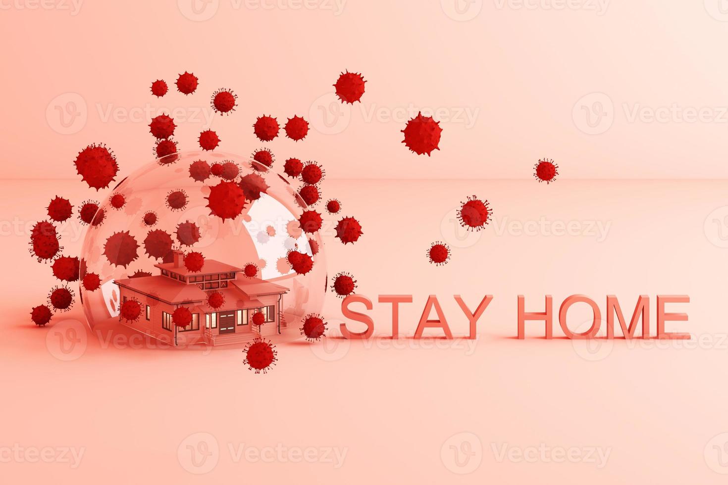 Stay home Keep calm Slogan House in a glass bullet protecting Danger outside the shell virus outside Combating coronavirus Fighting the spread of 2019 nCoV 3d rendering photo
