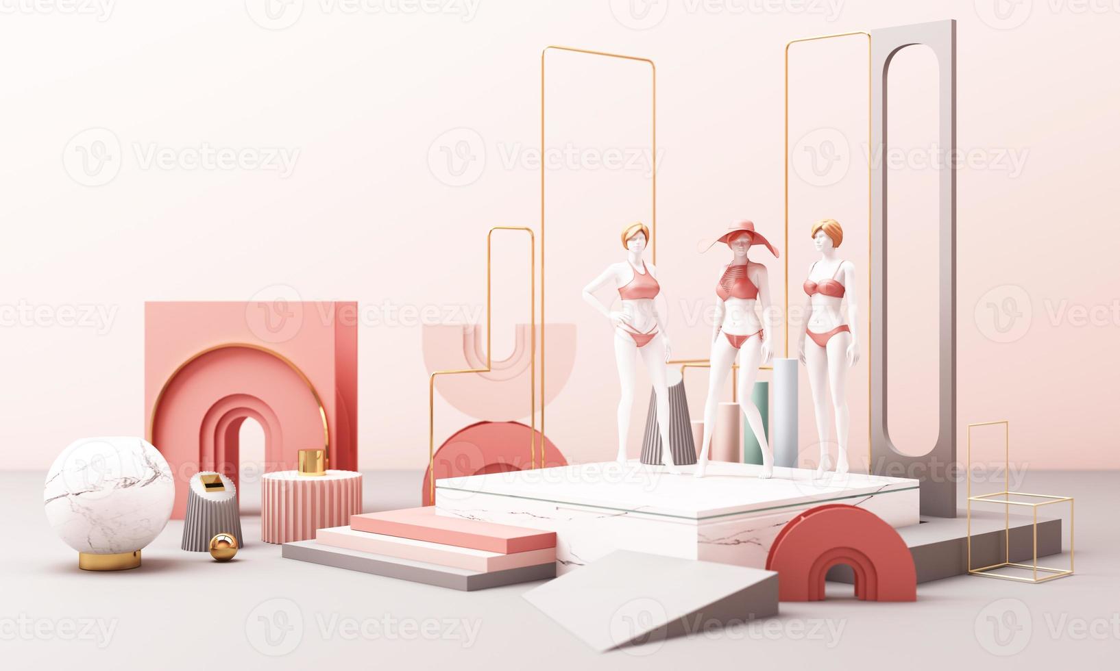 3d rendered illustration with geometric shapes. Pastel colors platforms for product presentation. Abstract composition in modern style. Minimalist design with empty space. photo