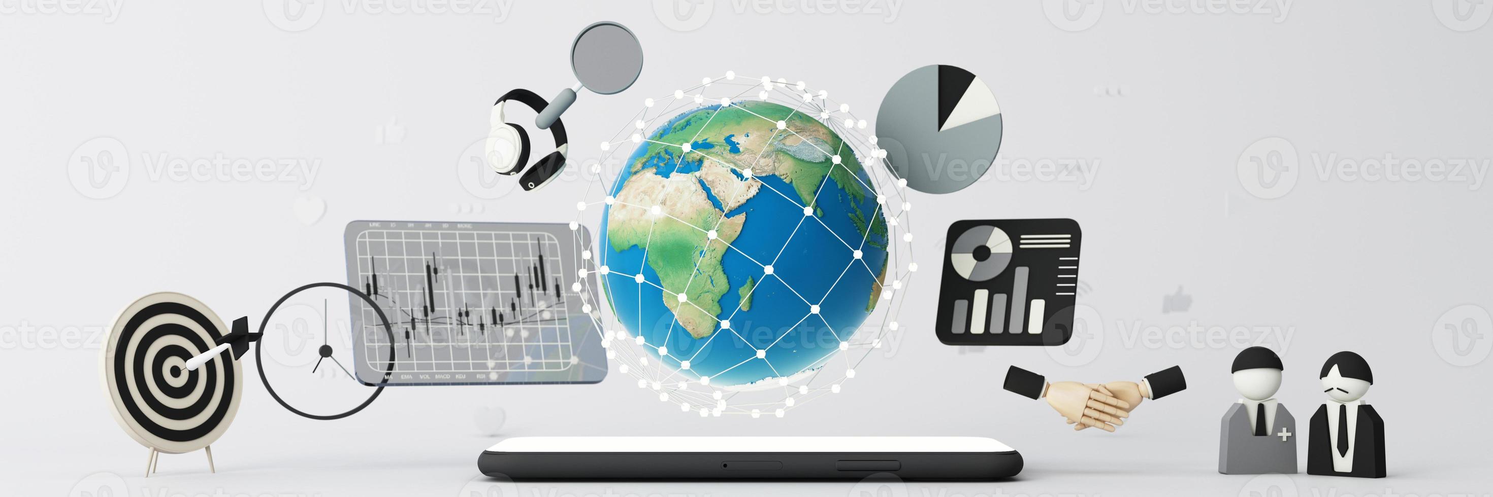 Businessman using mobile smart phone. Business global internet connection application technology and digital marketing, Financial and banking, Digital link tech, big data. cartoon model -3d rendering photo